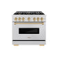 ZLINE Autograph Edition 36 in. 5.2 cu. ft. Classic Gas Range with 6 Burner Cooktop and Convection Gas Oven in Satin Stainless Steel and Polished Gold Accents, Open Box-Great Condition