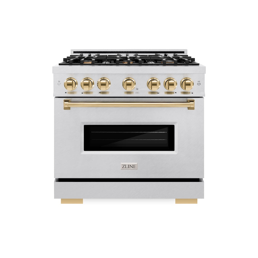 ZLINE Autograph Edition 36 in. 5.2 cu. ft. Classic Gas Range with 6 Burner Cooktop and Convection Gas Oven in Satin Stainless Steel and Polished Gold Accents, Open Box-Great Condition
