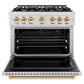 ZLINE Autograph Edition 36 in. 5.2 cu. ft. Classic Gas Range with 6 Burner Cooktop and Convection Gas Oven in Satin Stainless Steel and Polished Gold Accents (CGRSZ-36-G) front, oven open.