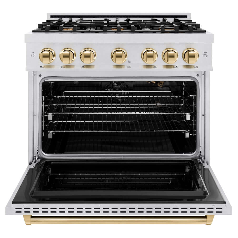 ZLINE Autograph Edition 36 in. 5.2 cu. ft. Classic Gas Range with 6 Burner Cooktop and Convection Gas Oven in Satin Stainless Steel and Polished Gold Accents, Open Box-Good Condition