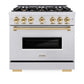 ZLINE Autograph Edition 36 in. 5.2 cu. ft. Classic Gas Range with 6 Burner Cooktop and Convection Gas Oven in Satin Stainless Steel and Polished Gold Accents, Open Box-Good Condition