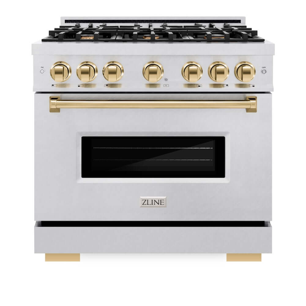 ZLINE Autograph Edition 36 in. 5.2 cu. ft. Classic Gas Range with 6 Burner Cooktop and Convection Gas Oven in Satin Stainless Steel and Polished Gold Accents, Open Box-Good Condition