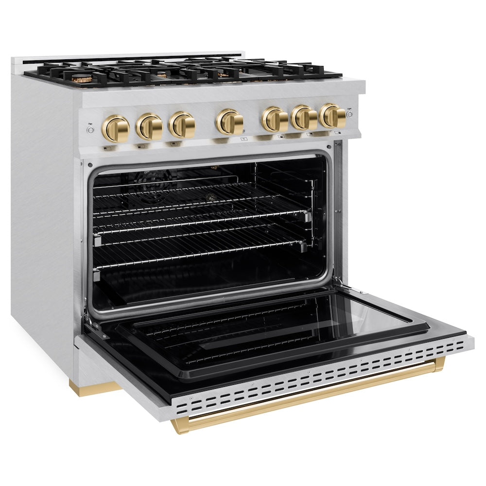 ZLINE Autograph Edition 36 in. 5.2 cu. ft. Classic Gas Range with 6 Burner Cooktop and Convection Gas Oven in Satin Stainless Steel and Polished Gold Accents (CGRSZ-36-G) side, open.