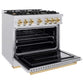 ZLINE Autograph Edition 36 in. 5.2 cu. ft. Classic Gas Range with 6 Burner Cooktop and Convection Gas Oven in Satin Stainless Steel and Polished Gold Accents, Open Box-Good Condition