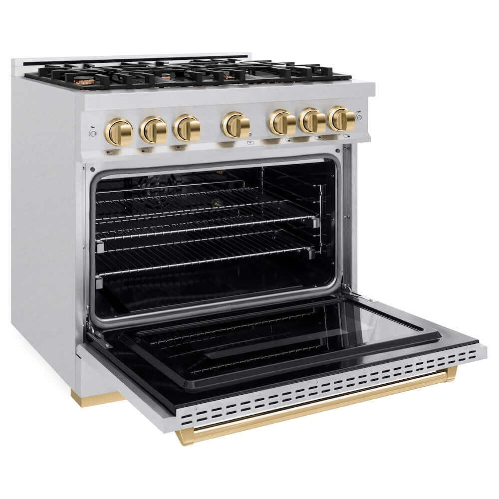 ZLINE Autograph Edition 36 in. 5.2 cu. ft. Classic Gas Range with 6 Burner Cooktop and Convection Gas Oven in Satin Stainless Steel and Polished Gold Accents, Open Box-Good Condition