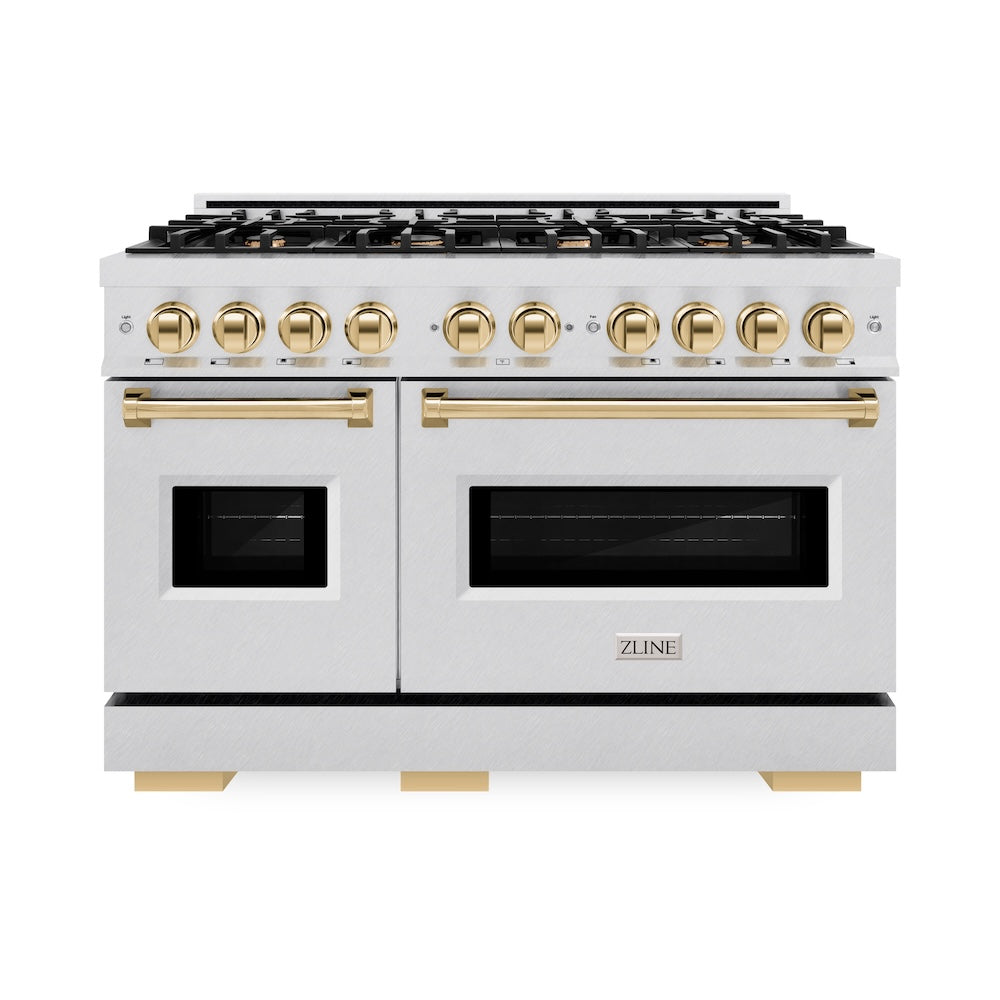 ZLINE Autograph Edition 48 in. 6.7 cu. ft. Classic Double Oven Gas Range with 8 Burner Cooktop in Satin Stainless Steel and Polished Gold Accents, Open Box-Great Condition