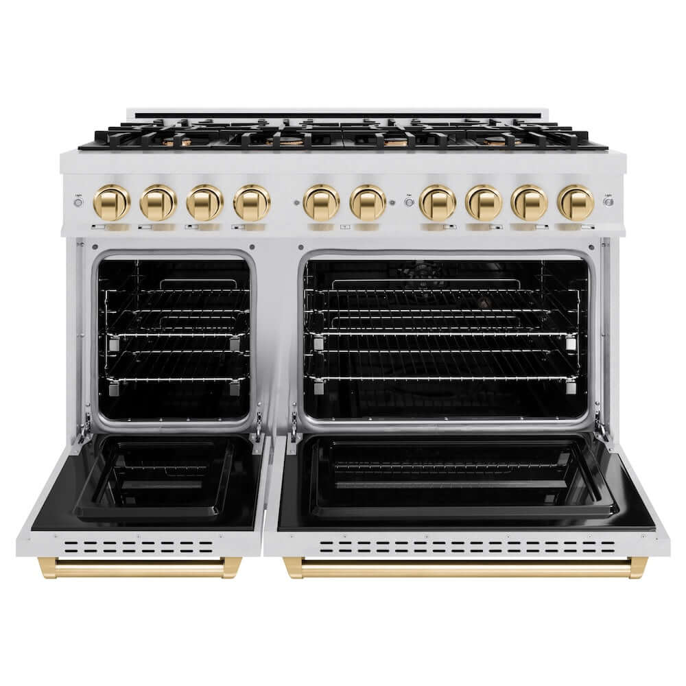 ZLINE Autograph Edition 48 in. 6.7 cu. ft. Classic Double Oven Gas Range with 8 Burner Cooktop in Satin Stainless Steel and Polished Gold Accents, Open Box-Good Condition
