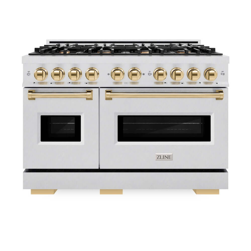 ZLINE Autograph Edition 48 in. 6.7 cu. ft. Classic Double Oven Gas Range with 8 Burner Cooktop in Satin Stainless Steel and Polished Gold Accents, Open Box-Good Condition