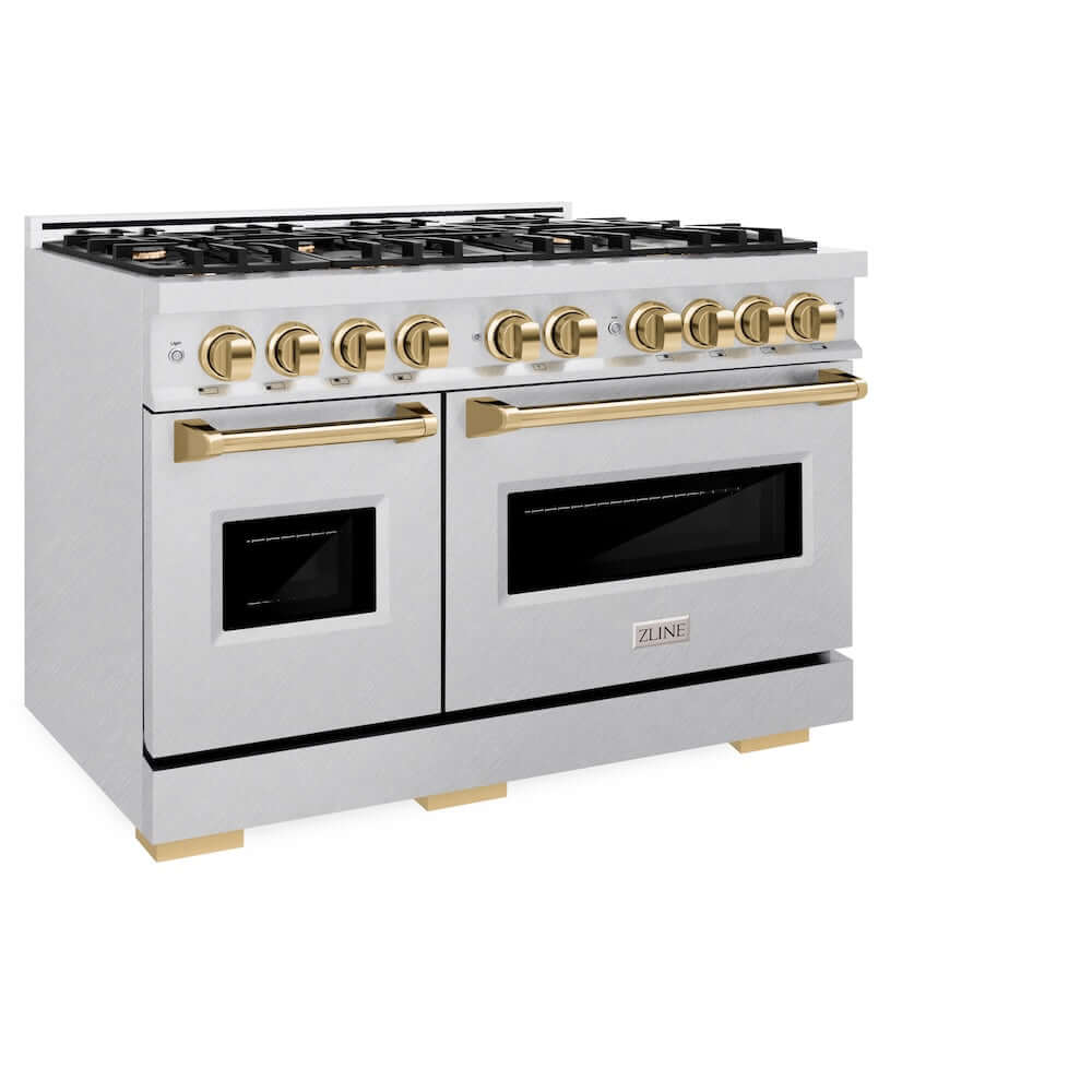 ZLINE Autograph Edition 48 in. 6.7 cu. ft. Classic Double Oven Gas Range with 8 Burner Cooktop in Satin Stainless Steel and Polished Gold Accents, Open Box-Good Condition