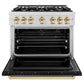 ZLINE Autograph Edition 36 in. 5.2 cu. ft. Classic Gas Range with 6 Burner Cooktop and Convection Gas Oven in Satin Stainless Steel with Black Matte Door and Polished Gold Accents (CGRSZ-BLM-36-G) front, oven open.