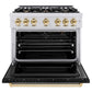 ZLINE Autograph Edition 36 in. 5.2 cu. ft. Classic Gas Range with 6 Burner Cooktop and Convection Gas Oven in Satin Stainless Steel with Black Matte Door and Polished Gold Accents, Open Box-Good Condition