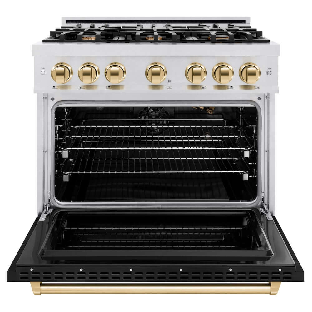 ZLINE Autograph Edition 36 in. 5.2 cu. ft. Classic Gas Range with 6 Burner Cooktop and Convection Gas Oven in Satin Stainless Steel with Black Matte Door and Polished Gold Accents, Open Box-Good Condition