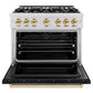 ZLINE Autograph Edition 36 in. 5.2 cu. ft. Classic Gas Range with 6 Burner Cooktop and Convection Gas Oven in Satin Stainless Steel with Black Matte Door and Polished Gold Accents, Open Box-Great Condition