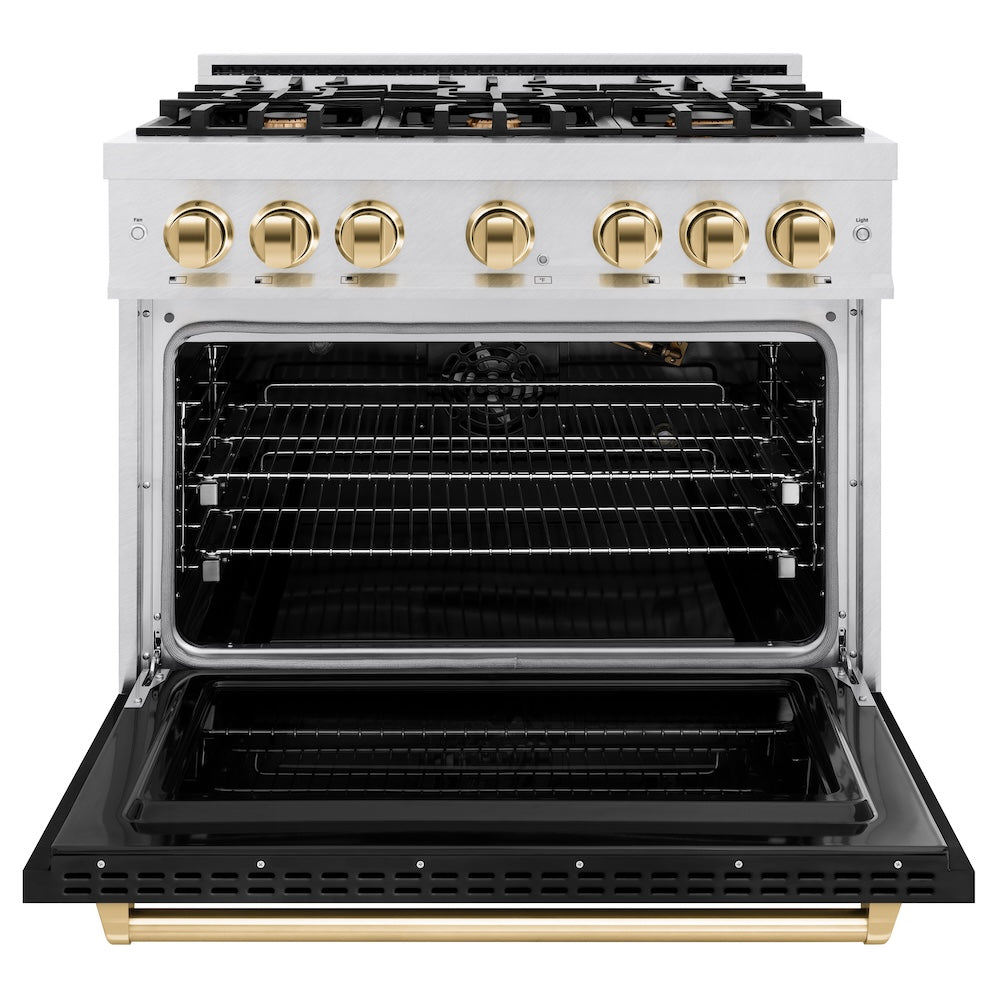 ZLINE Autograph Edition 36 in. 5.2 cu. ft. Classic Gas Range with 6 Burner Cooktop and Convection Gas Oven in Satin Stainless Steel with Black Matte Door and Polished Gold Accents, Open Box-Great Condition