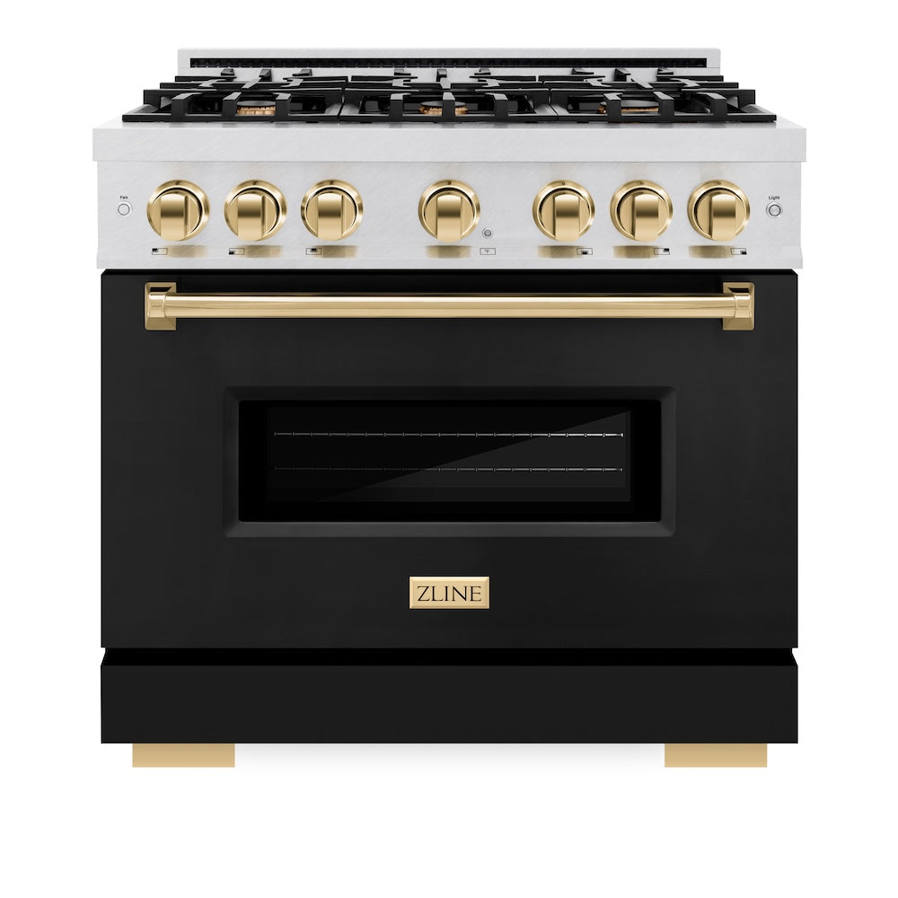 ZLINE Autograph Edition 36 in. 5.2 cu. ft. Classic Gas Range with 6 Burner Cooktop and Convection Gas Oven in Satin Stainless Steel with Black Matte Door and Polished Gold Accents (CGRSZ-BLM-36-G) front.