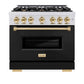 ZLINE Autograph Edition 36 in. 5.2 cu. ft. Classic Gas Range with 6 Burner Cooktop and Convection Gas Oven in Satin Stainless Steel with Black Matte Door and Polished Gold Accents, Open Box-Good Condition