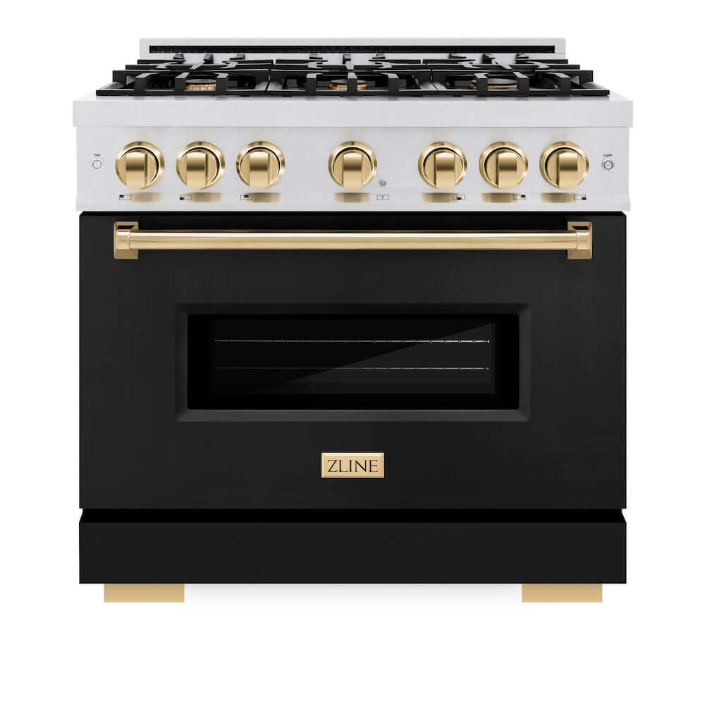 ZLINE Autograph Edition 36 in. 5.2 cu. ft. Classic Gas Range with 6 Burner Cooktop and Convection Gas Oven in Satin Stainless Steel with Black Matte Door and Polished Gold Accents, Open Box-Good Condition