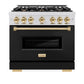 ZLINE Autograph Edition 36 in. 5.2 cu. ft. Classic Gas Range with 6 Burner Cooktop and Convection Gas Oven in Satin Stainless Steel with Black Matte Door and Polished Gold Accents, Open Box-Great Condition