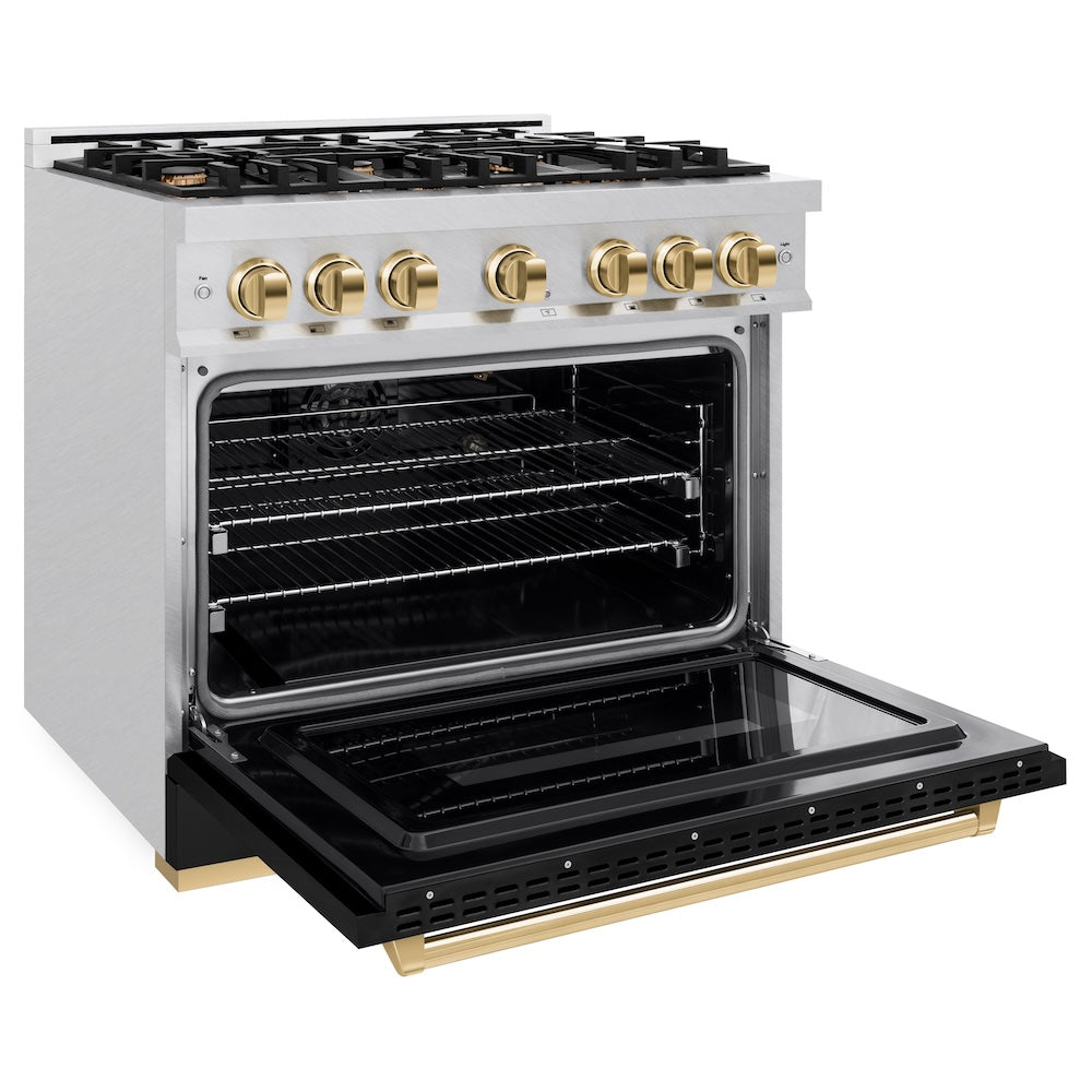 ZLINE Autograph Edition 36 in. 5.2 cu. ft. Classic Gas Range with 6 Burner Cooktop and Convection Gas Oven in Satin Stainless Steel with Black Matte Door and Polished Gold Accents (CGRSZ-BLM-36-G) side, open.
