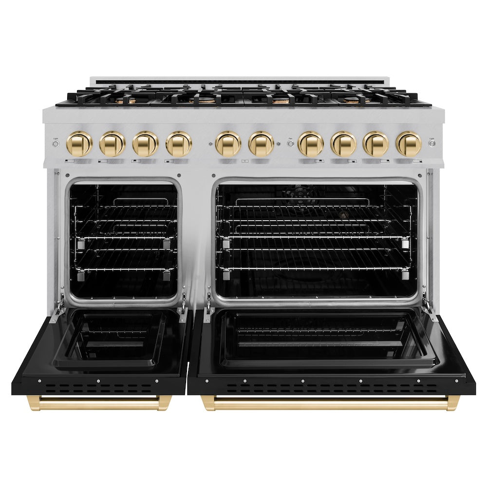 ZLINE Autograph Edition 48 in. 6.7 cu. ft. Classic Double Oven Gas Range with 8 Burner Cooktop in Satin Stainless Steel with Black Matte Doors and Polished Gold Accents (CGRSZ-BLM-48-G) front, oven open.