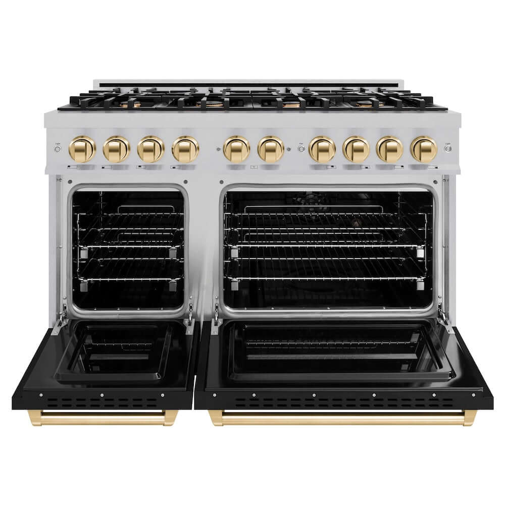 ZLINE Autograph Edition 48 in. 6.7 cu. ft. Classic Double Oven Gas Range with 8 Burner Cooktop in Satin Stainless Steel with Black Matte Doors and Polished Gold Accents, Open Box-Good Condition