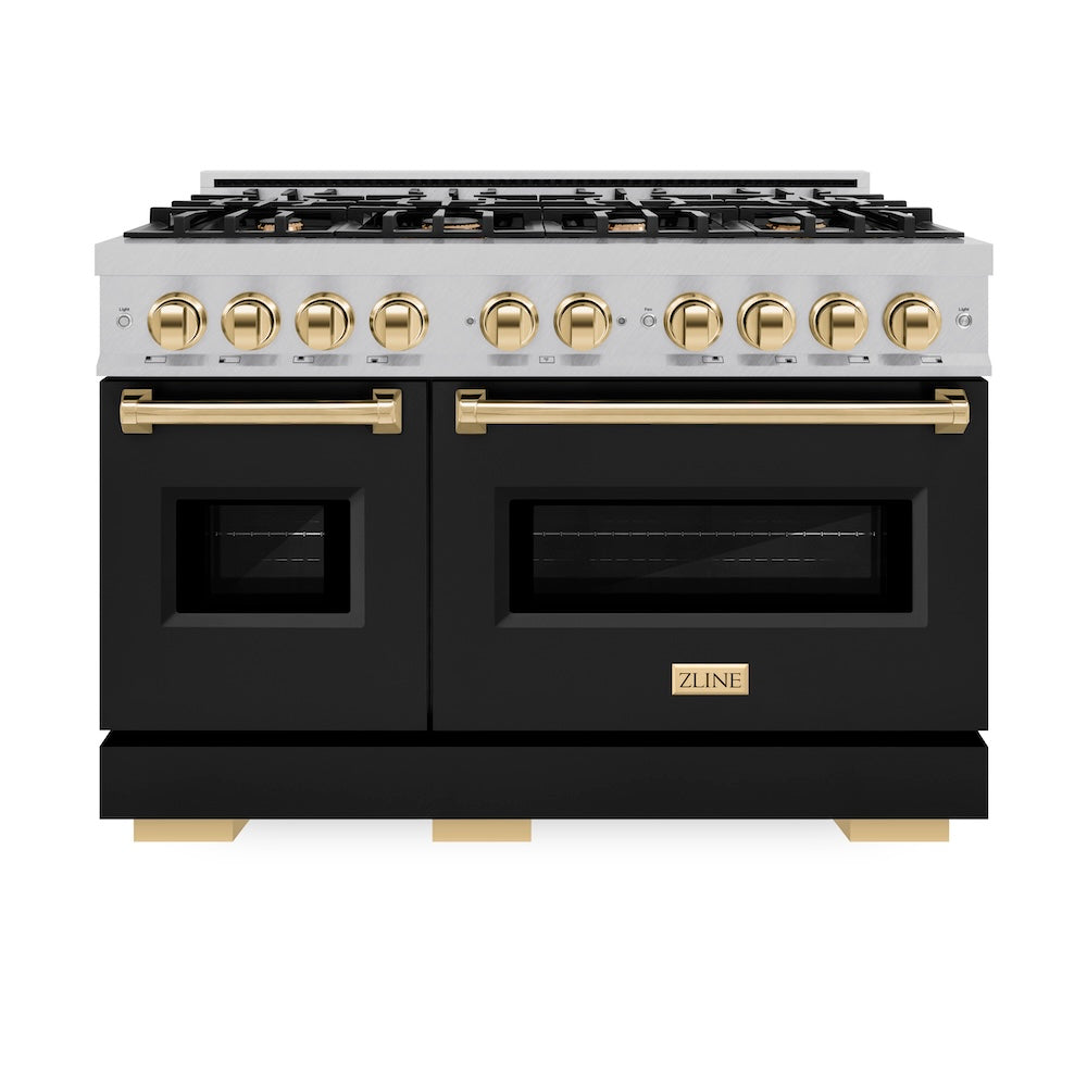 ZLINE Autograph Edition 48 in. 6.7 cu. ft. Classic Double Oven Gas Range with 8 Burner Cooktop in Satin Stainless Steel with Black Matte Doors and Polished Gold Accents, Open Box-Great Condition