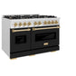 ZLINE Autograph Edition 48 in. 6.7 cu. ft. Classic Double Oven Gas Range with 8 Burner Cooktop in Satin Stainless Steel with Black Matte Doors and Polished Gold Accents (CGRSZ-BLM-48-G) side.