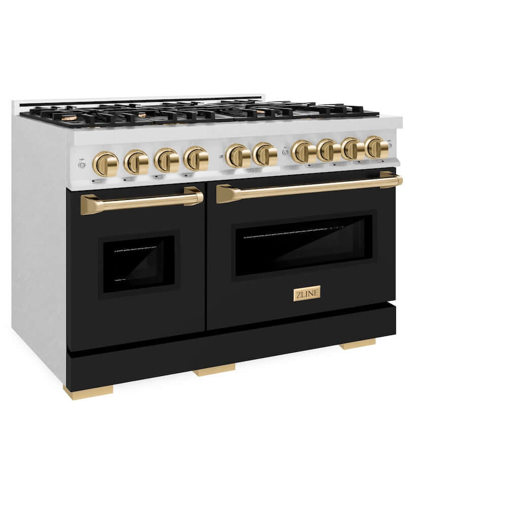 ZLINE Autograph Edition 48 in. 6.7 cu. ft. Classic Double Oven Gas Range with 8 Burner Cooktop in Satin Stainless Steel with Black Matte Doors and Polished Gold Accents, Open Box-Good Condition