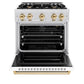 ZLINE Autograph Edition 30 in. 4.2 cu. ft. Classic Gas Range with 4 Burner Cooktop and Convection Gas Oven in Satin Stainless Steel with White Matte Door and Polished Gold Accents (CGRSZ-WM-30-G) front, oven open.