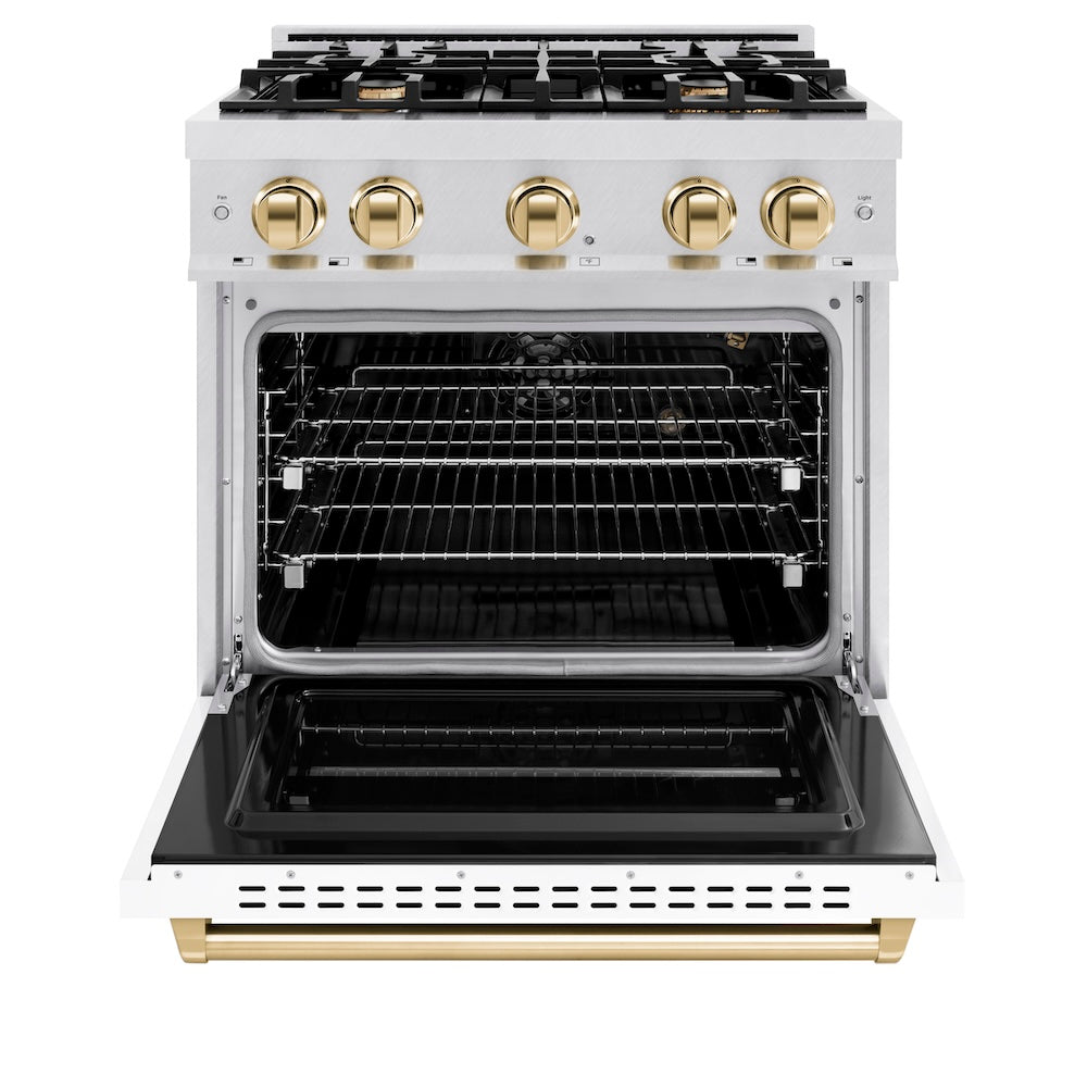ZLINE Autograph Edition 30 in. 4.2 cu. ft. Classic Gas Range with 4 Burner Cooktop and Convection Gas Oven in Satin Stainless Steel with White Matte Door and Polished Gold Accents (CGRSZ-WM-30-G) front, oven open.