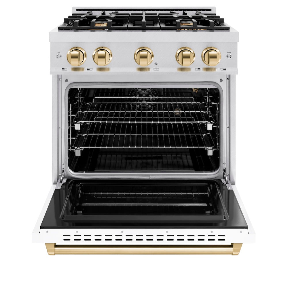 ZLINE Autograph Edition 30 in. 4.2 cu. ft. Classic Gas Range with 4 Burner Cooktop and Convection Gas Oven in Satin Stainless Steel with White Matte Door and Polished Gold Accents, Open Box-Great Condition