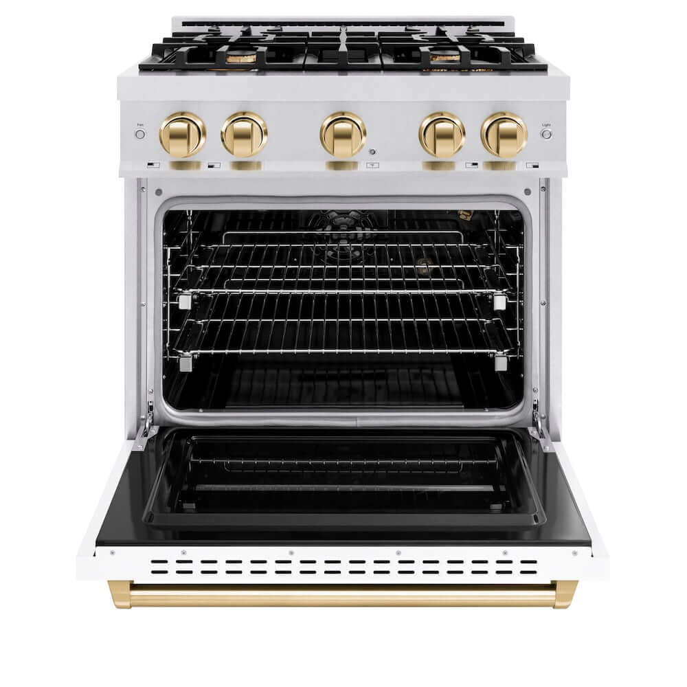 ZLINE Autograph Edition 30 in. 4.2 cu. ft. Classic Gas Range with 4 Burner Cooktop and Convection Gas Oven in Satin Stainless Steel with White Matte Door and Polished Gold Accents, Open Box-Good Condition