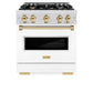 ZLINE Autograph Edition 30 in. 4.2 cu. ft. Classic Gas Range with 4 Burner Cooktop and Convection Gas Oven in Satin Stainless Steel with White Matte Door and Polished Gold Accents (CGRSZ-WM-30-G) front.