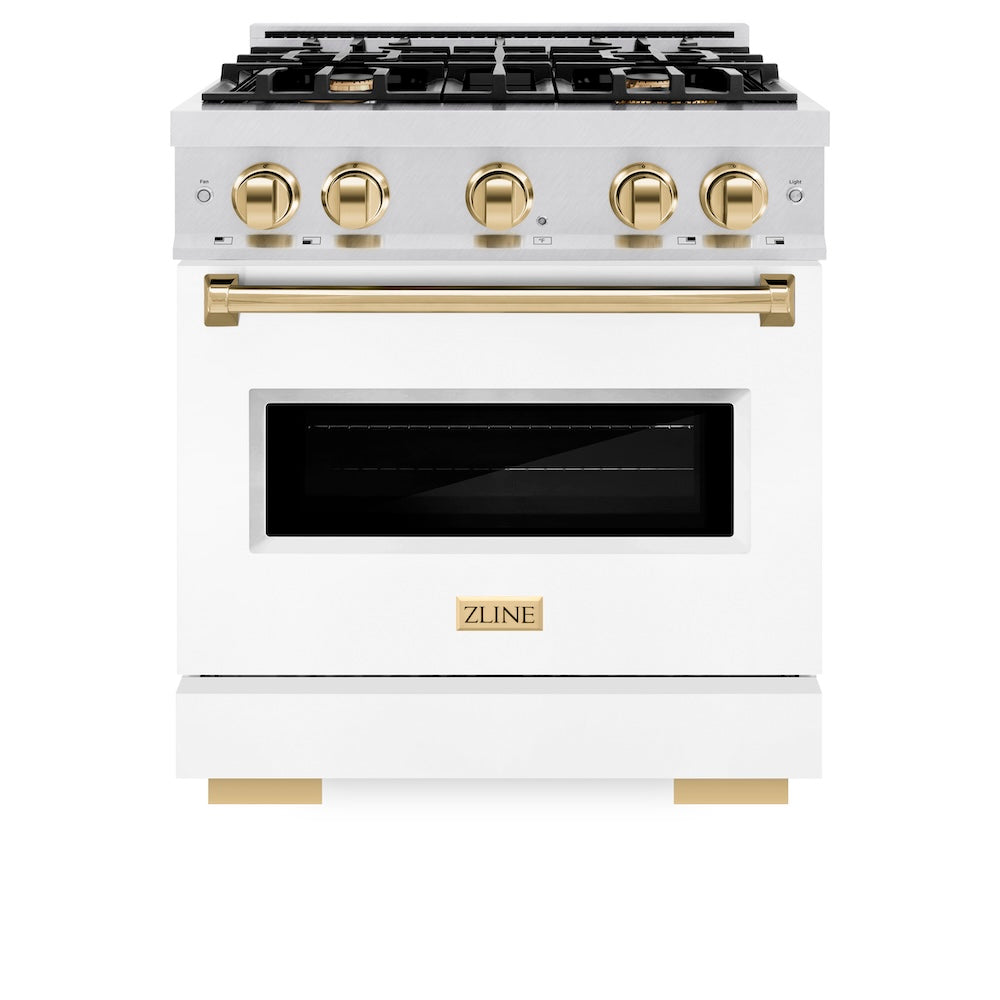 ZLINE Autograph Edition 30 in. 4.2 cu. ft. Classic Gas Range with 4 Burner Cooktop and Convection Gas Oven in Satin Stainless Steel with White Matte Door and Polished Gold Accents (CGRSZ-WM-30-G) front.