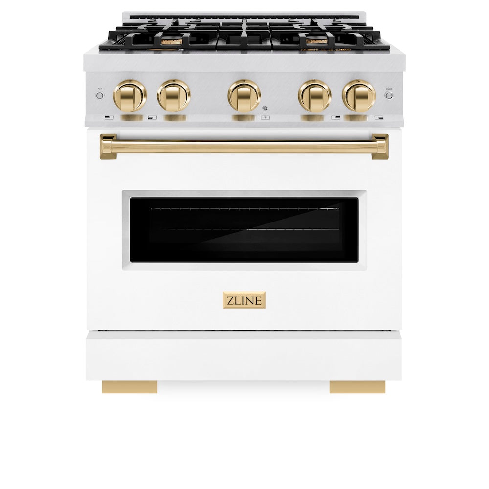 ZLINE Autograph Edition 30 in. 4.2 cu. ft. Classic Gas Range with 4 Burner Cooktop and Convection Gas Oven in Satin Stainless Steel with White Matte Door and Polished Gold Accents, Open Box-Great Condition