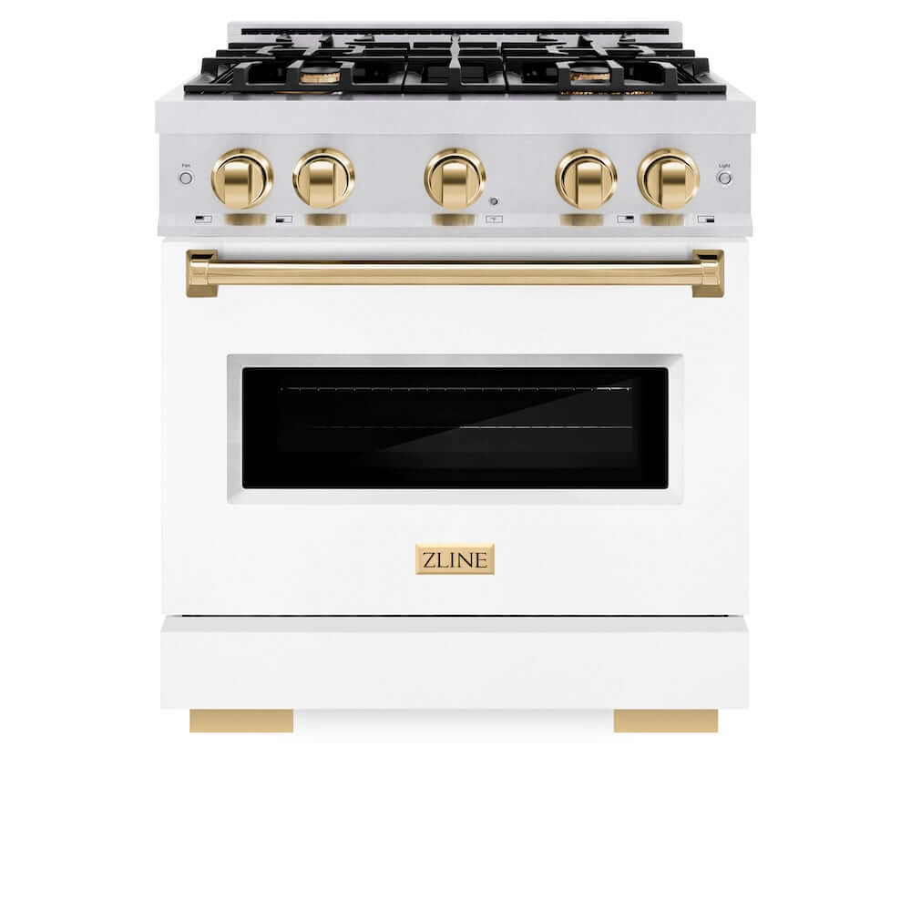 ZLINE Autograph Edition 30 in. 4.2 cu. ft. Classic Gas Range with 4 Burner Cooktop and Convection Gas Oven in Satin Stainless Steel with White Matte Door and Polished Gold Accents, Open Box-Good Condition