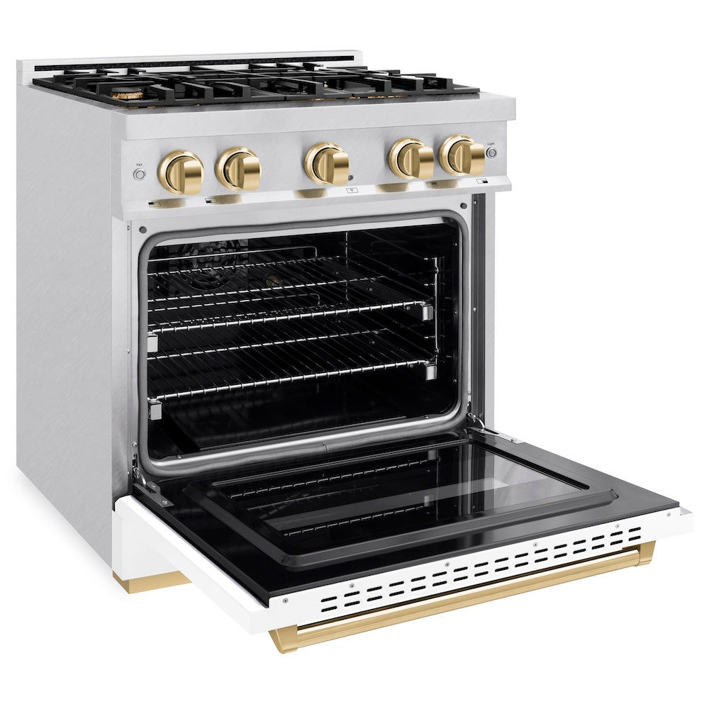 ZLINE Autograph Edition 30 in. 4.2 cu. ft. Classic Gas Range with 4 Burner Cooktop and Convection Gas Oven in Satin Stainless Steel with White Matte Door and Polished Gold Accents (CGRSZ-WM-30-G) side, open.