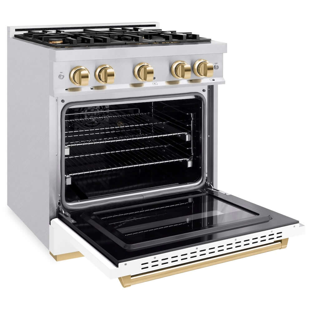 ZLINE Autograph Edition 30 in. 4.2 cu. ft. Classic Gas Range with 4 Burner Cooktop and Convection Gas Oven in Satin Stainless Steel with White Matte Door and Polished Gold Accents, Open Box-Good Condition