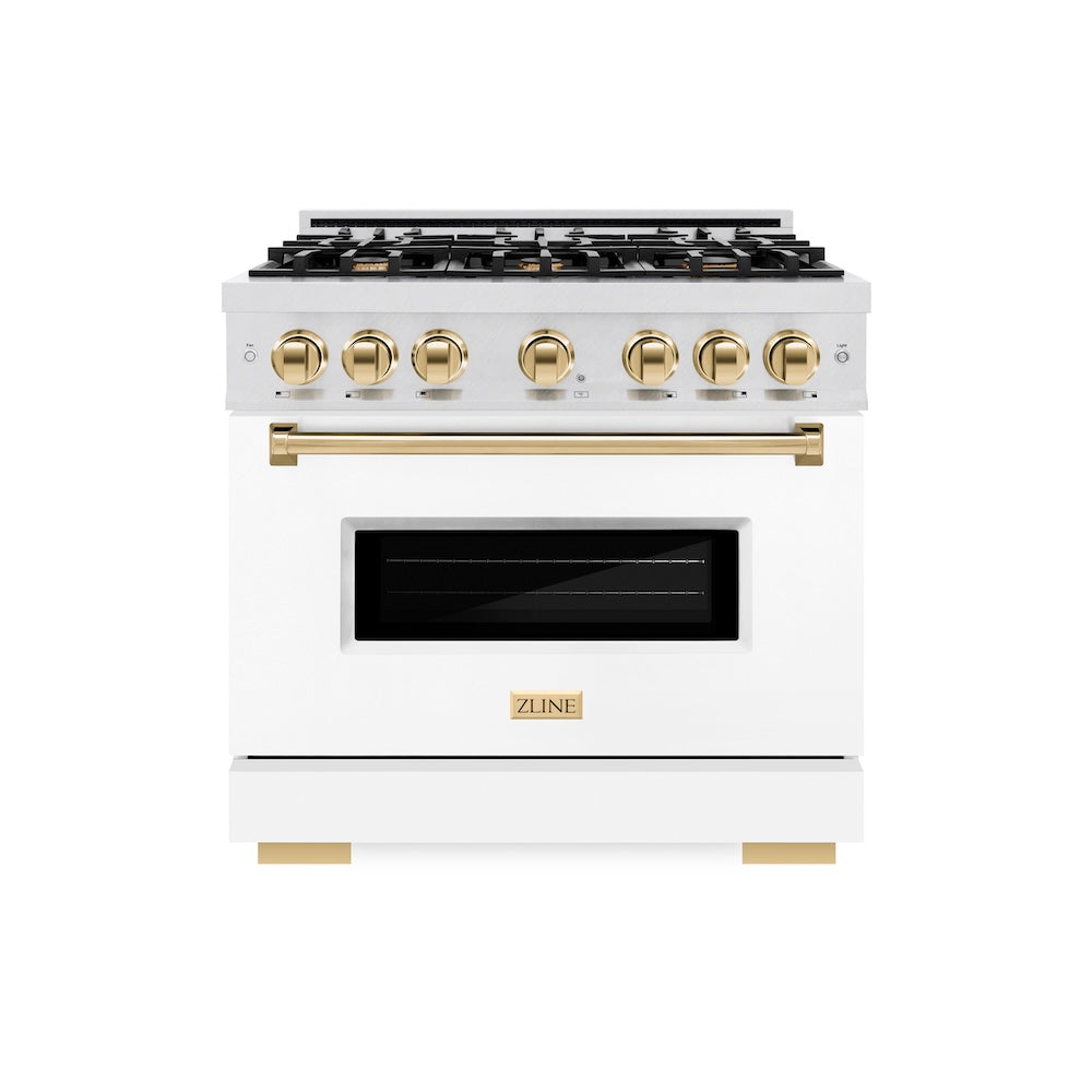 ZLINE Autograph Edition 36 in. 5.2 cu. ft. Classic Gas Range with 6 Burner Cooktop and Convection Gas Oven in Satin Stainless Steel with White Matte Door and Polished Gold Accents, Open Box-Great Condition