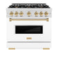 ZLINE Autograph Edition 36 in. 5.2 cu. ft. Classic Gas Range with 6 Burner Cooktop and Convection Gas Oven in Satin Stainless Steel with White Matte Door and Polished Gold Accents (CGRSZ-WM-36-G) front.