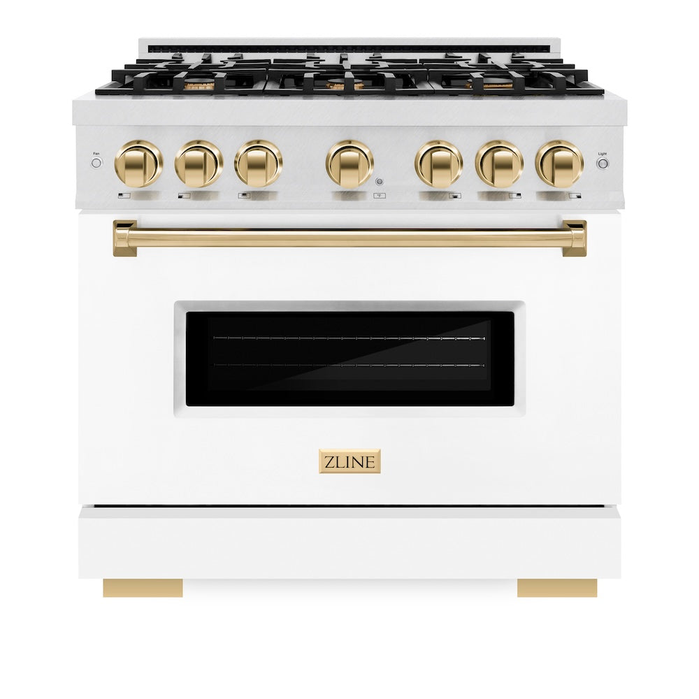 ZLINE Autograph Edition 36 in. 5.2 cu. ft. Classic Gas Range with 6 Burner Cooktop and Convection Gas Oven in Satin Stainless Steel with White Matte Door and Polished Gold Accents (CGRSZ-WM-36-G) front.