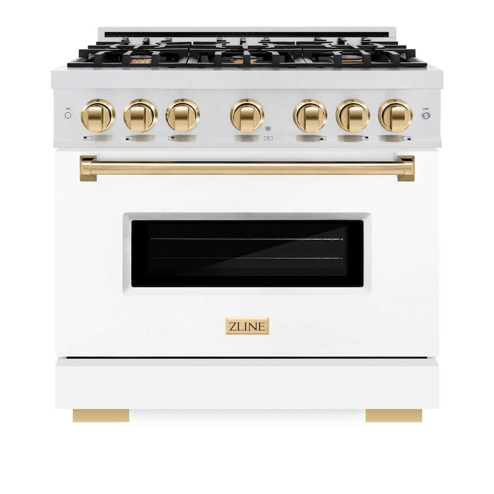 ZLINE Autograph Edition 36 in. 5.2 cu. ft. Classic Gas Range with 6 Burner Cooktop and Convection Gas Oven in Satin Stainless Steel with White Matte Door and Polished Gold Accents, Open Box-Good Condition