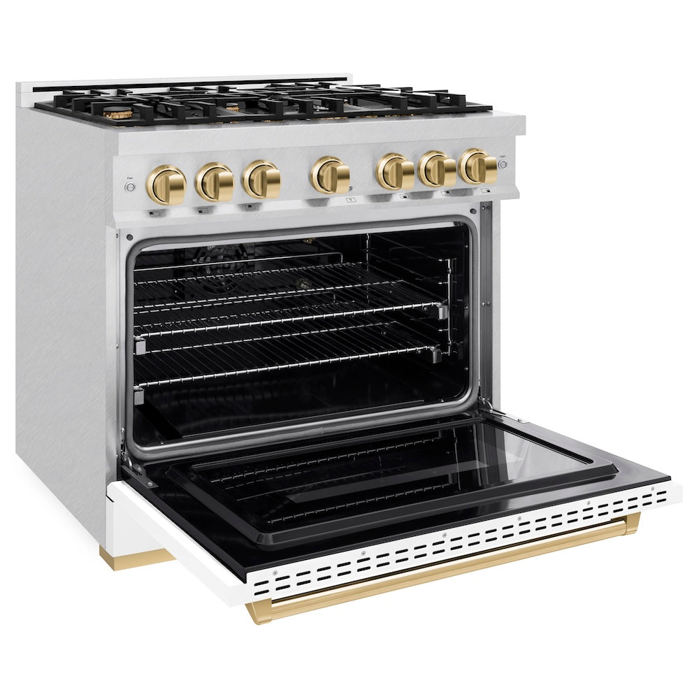 ZLINE Autograph Edition 36 in. 5.2 cu. ft. Classic Gas Range with 6 Burner Cooktop and Convection Gas Oven in Satin Stainless Steel with White Matte Door and Polished Gold Accents (CGRSZ-WM-36-G) side, open.