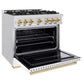 ZLINE Autograph Edition 36 in. 5.2 cu. ft. Classic Gas Range with 6 Burner Cooktop and Convection Gas Oven in Satin Stainless Steel with White Matte Door and Polished Gold Accents, Open Box-Good Condition