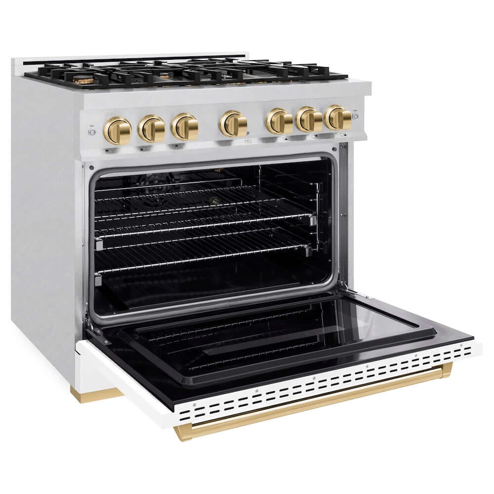 ZLINE Autograph Edition 36 in. 5.2 cu. ft. Classic Gas Range with 6 Burner Cooktop and Convection Gas Oven in Satin Stainless Steel with White Matte Door and Polished Gold Accents, Open Box-Good Condition