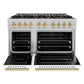 ZLINE Autograph Edition 48 in. 6.7 cu. ft. Classic Double Oven Gas Range with 8 Burner Cooktop in Satin Stainless Steel with White Matte Doors and Polished Gold Accents (CGRSZ-WM-48-G) front, oven open.
