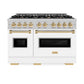 ZLINE Autograph Edition 48 in. 6.7 cu. ft. Classic Double Oven Gas Range with 8 Burner Cooktop in Satin Stainless Steel with White Matte Doors and Polished Gold Accents (CGRSZ-WM-48-G) front.