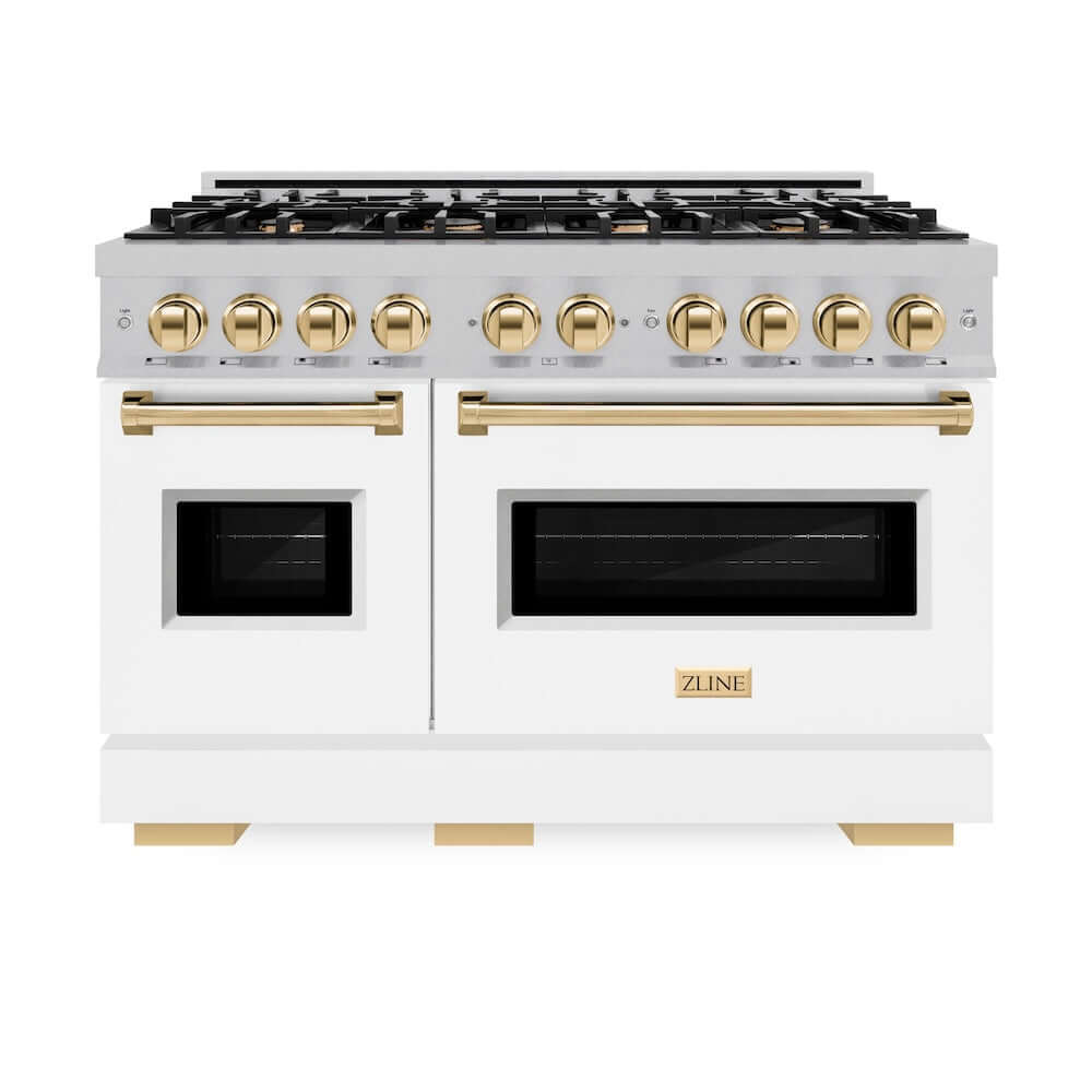 ZLINE Autograph Edition 48 in. 6.7 cu. ft. Classic Double Oven Gas Range with 8 Burner Cooktop in Satin Stainless Steel with White Matte Doors and Polished Gold Accents, Open Box-Good Condition