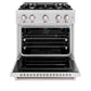ZLINE 30 in. 4.2 cu. ft. Classic Gas Range with Convection Gas Oven in Satin Stainless Steel with 4 Brass Burners (CGRS-BR-30) front, oven open.