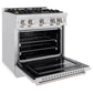 ZLINE 30 in. 4.2 cu. ft. Classic Gas Range with Convection Gas Oven in Satin Stainless Steel with 4 Brass Burners (CGRS-BR-30) side, open.
